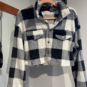 Plaid Cropped Knit Jacket - Black